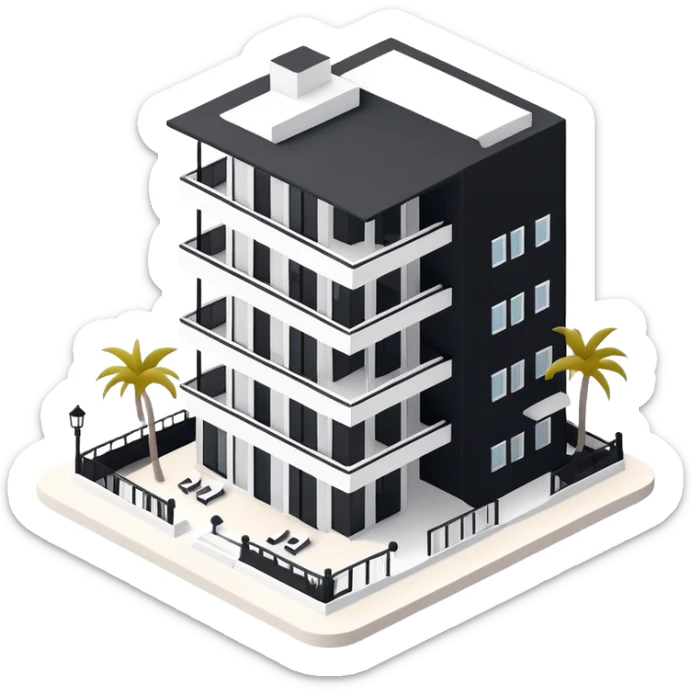 Isometric exterior black and white beach resort hotel, modern dollhouse style 3D realistic  sticker