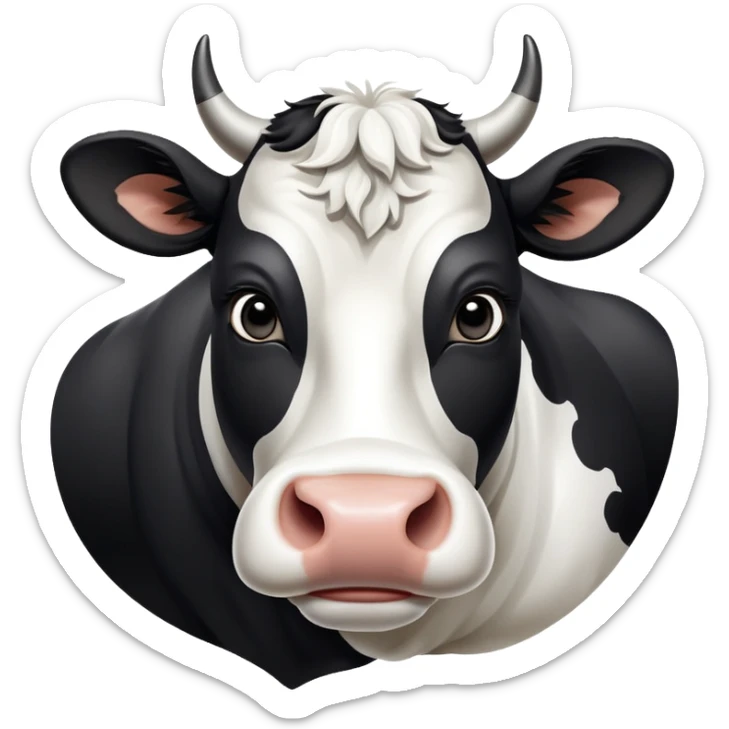 cinematic-noble-black-and-white-cow-portrait-emoji,-poised-and-regal,-with-a-large,-sturdy-build-and-a-beautifully-patterned-hide-of-rich-black-accented-by-crisp-white-patches,-deep-set-soulful-brown-eyes,-simplified-yet-sharp-and-sophisticated sticker