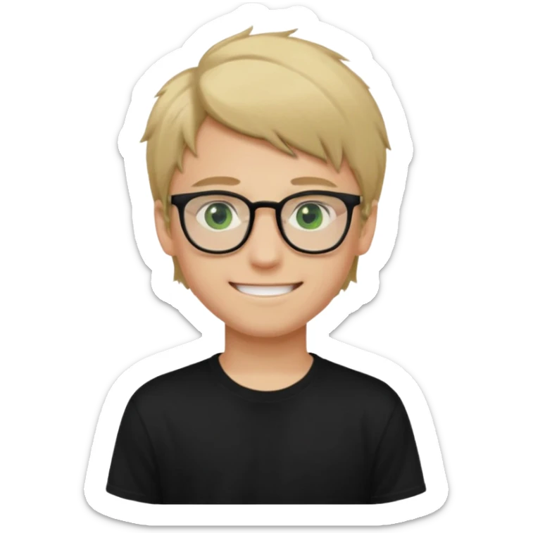 Generate me a profile picture like with a teenage boy who has dirty blond hair, green eyes, glasses and a black t-shirt sticker