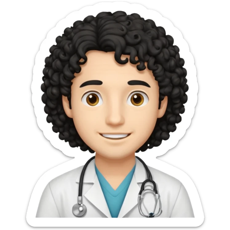 a young male doctor with black long curly hair and cheerful face without gpasses sticker