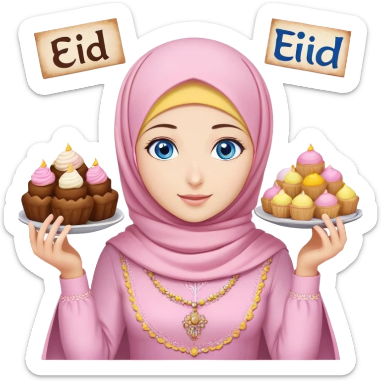 Turkish beautiful finish Konya girl blue eyes with powder pink yellow hijab islamic dress and had on her hand text Eid Mubarak with sweets and celebrating with her friends eid days   sticker