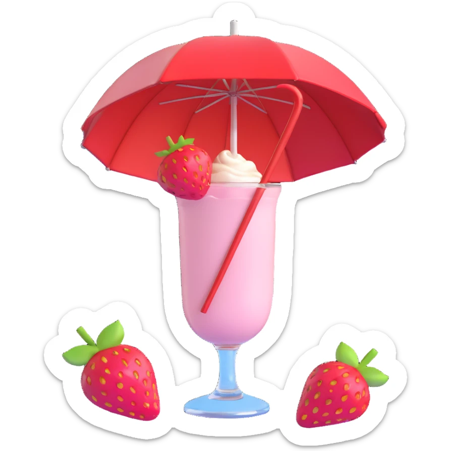 3D style strawberry milkshake with pink hue and cherry on top, glass with umbrella, tropical vibe sticker