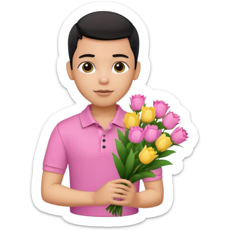 generate a pretty bratz boy wearing a pink polo shirt. Black middle part hair. handsome carrying flowers sticker