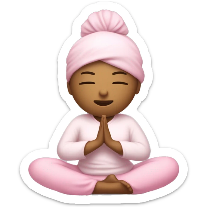 Chica haciendo yoga, con tés blanca y ropa rosa pastel y audífonos, en posición de meditación  sticker