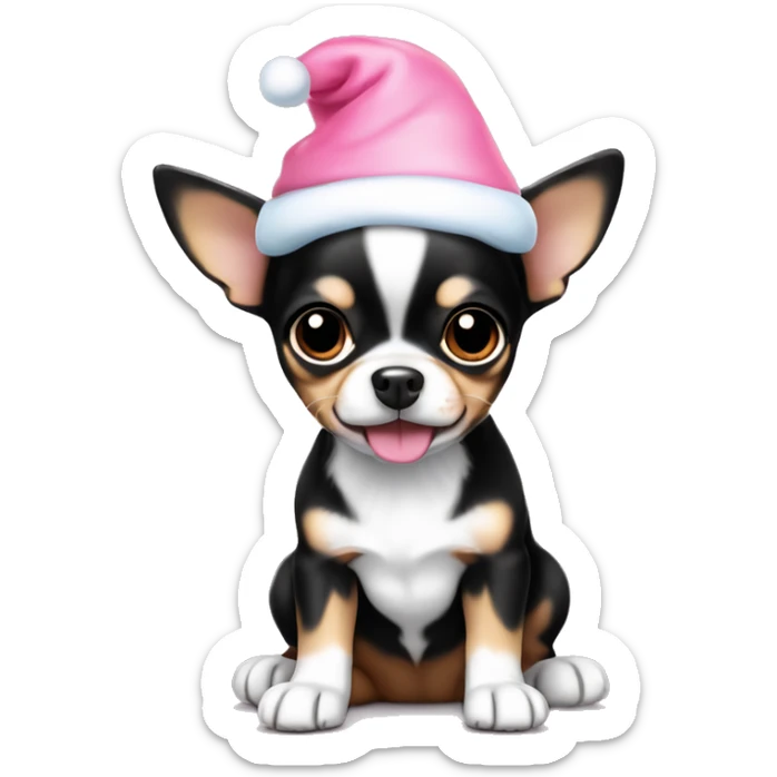 black & tan chihuahua puppy full body light blue eyes pink christmas hat on sticker