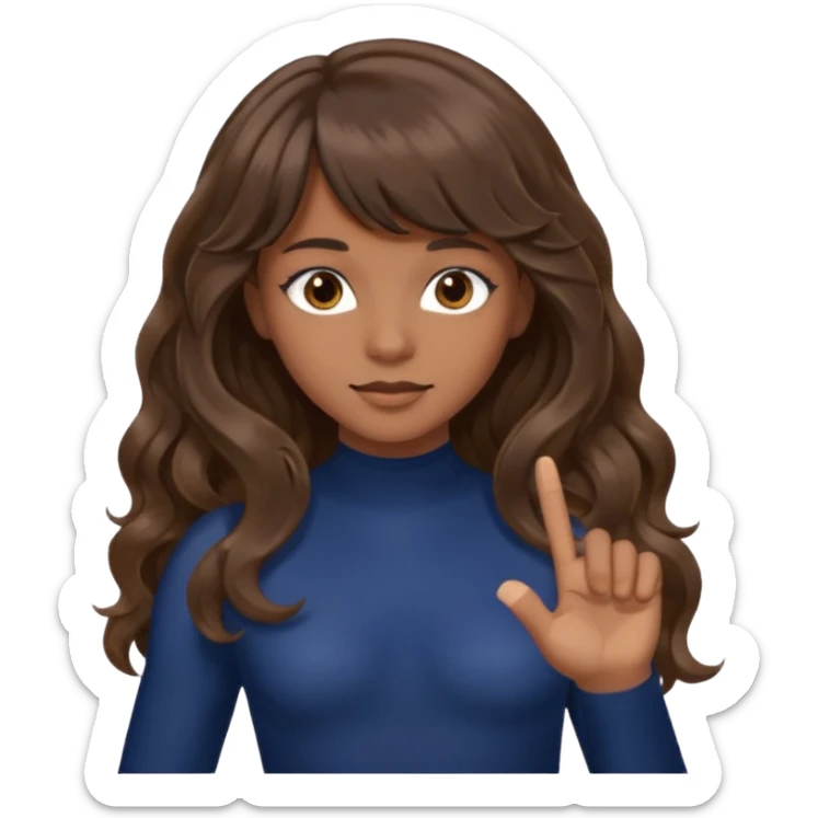 Uzun kahverengi dalgalı saçlı kahverengi gözlü esmer perçemli üzerinde lacivert parmak detaylı body olan bir kız yap sticker