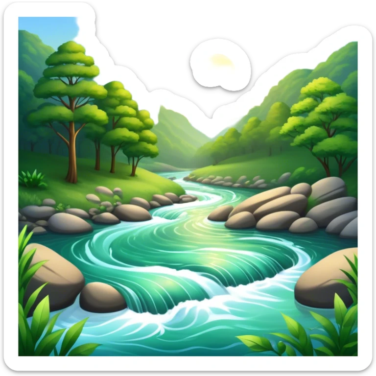 Cinematic Realistic River Emoji, Serene and flowing, with sparkling water meandering through lush greenery, surrounded by trees and rocks. The sun dances across the rippling surface, creating glimmering reflections while birds fly overhead. Soft glowing outline, capturing the essence of peacefulness and tranquility in a meandering river. sticker