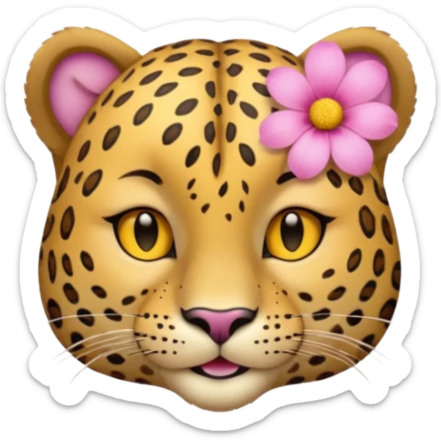 eyes closed, A leopard with peaceful smile, A pink flower with a yellow center is tucked behind its right ear
 sticker