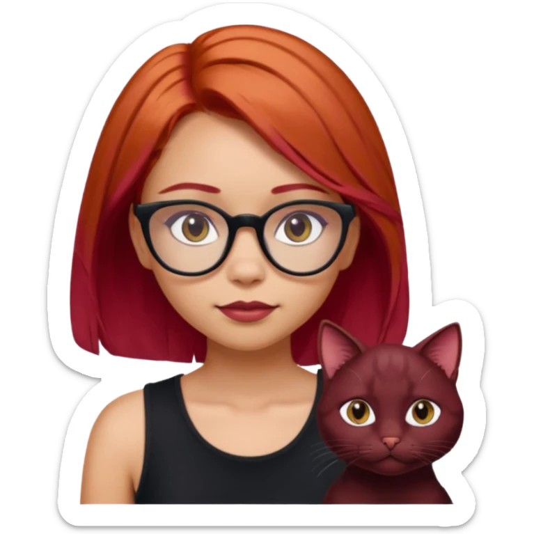 iPhone emoji of a girl with light red hair, shoulder-length hair, a small mole above her left eyebrow, wearing a black sleeveless top, and subtle dark maroon cat-eye glasses. sticker