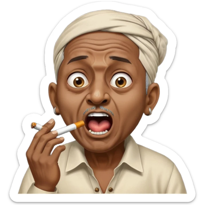 Emoji of Indian Gentleman named Delroy crasto absolutely screaming and foaming at the mouth while smoking through eyes sticker