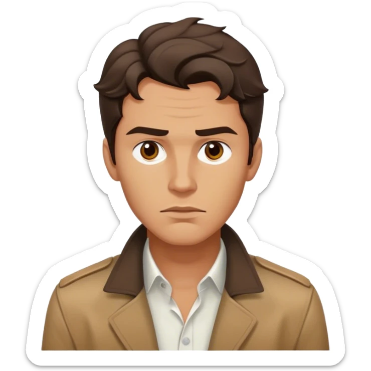 The person(male) has a tanned complexion, wavy  dark hair covering his forehead, well-defined facial features with a strong jawline, full lips, and serious expression. They are wearing a white shirt layered with a brown jacket sticker