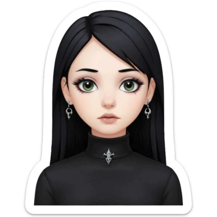goth girl, straight black hair, verticals labret piercing, black mock neck shirt sticker