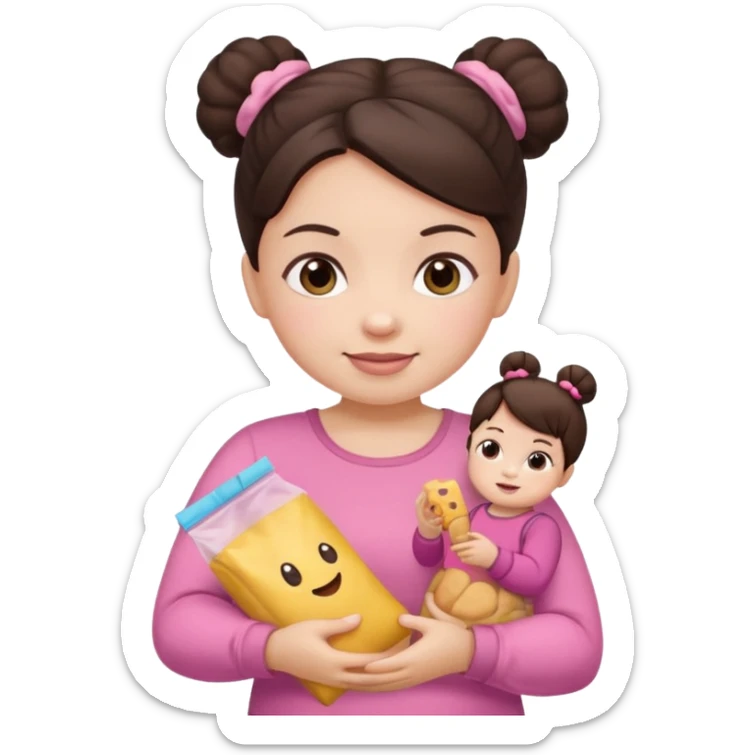 Cute small Toddler emoji with two buns dark brown hair, fair skin, in pink top, holding toddler snacks sticker