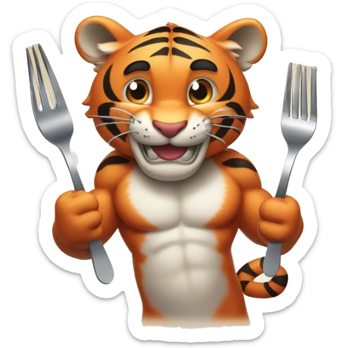 a muscular grinning tiger holding a fork poking into a fillet of salmon with the tip of its paws sticker