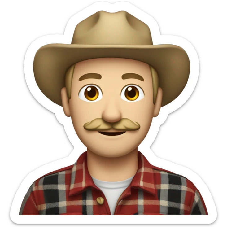 blond-haired, brown-eyed 44-year-old man with a mustache and ponytail and wearing a corduroy cap and a plaid shirt sticker