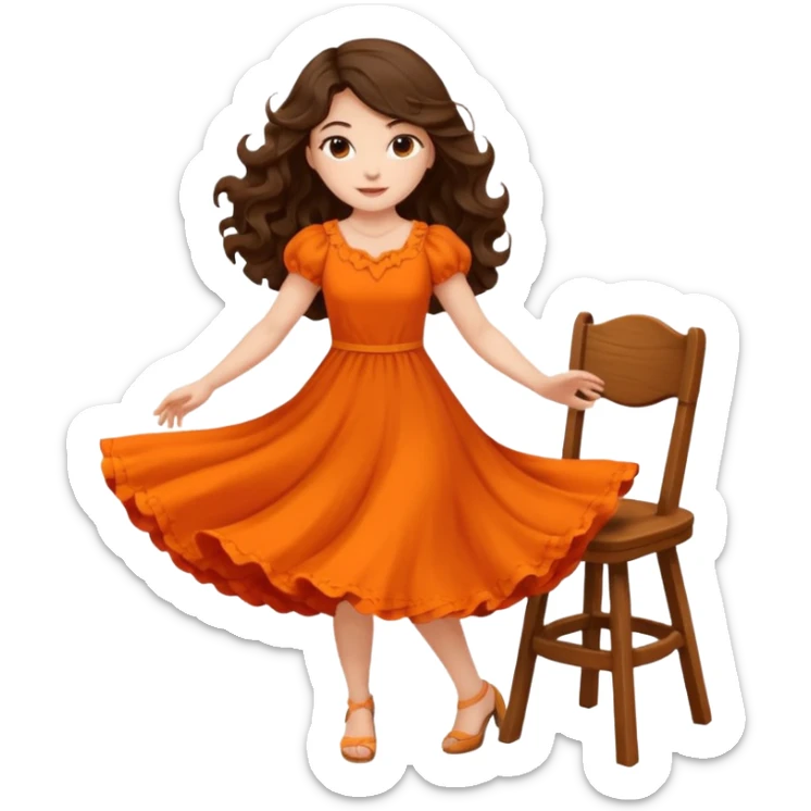 Long dark wavy hair women in orange standing and twirling around a chair  sticker