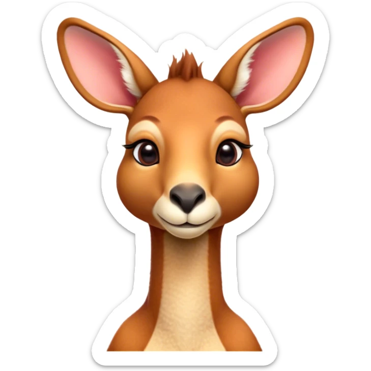 Cinematic Cute Adult Red Kangaroo Portrait Emoji, Head tilted playfully and inquisitively, showcasing a charming, robust build with soft reddish fur and a uniquely camel-like head featuring a gentle, elongated snout and rounded ears, with large, sparkling eyes full of wonder, Simplified yet irresistibly adorable features, highly detailed, glowing with a warm, friendly glow, high shine, affectionate and lively, stylized with a touch of outback whimsy, soft glowing outline, capturing the essence of a mischievous yet loving kangaroo that seems as if it could hop out of the screen into your arms! sticker