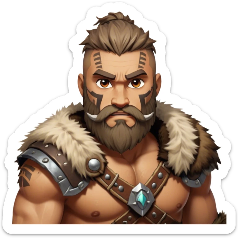 Clash of Clans style: Cinematic Rugged Barbarian Portrait Emoji, Intense and formidable with a stylized build, a rugged beard and expressive eyes, adorned in playful, battle-worn furs and cartoonish armor with tribal markings, Simplified yet powerfully detailed features, highly detailed, glowing with a deep, adventurous energy, high shine, spirited and determined, stylized with an air of raw, untamed power, soft glowing outline, capturing the essence of a barbarian warrior ready to lead epic quests! sticker