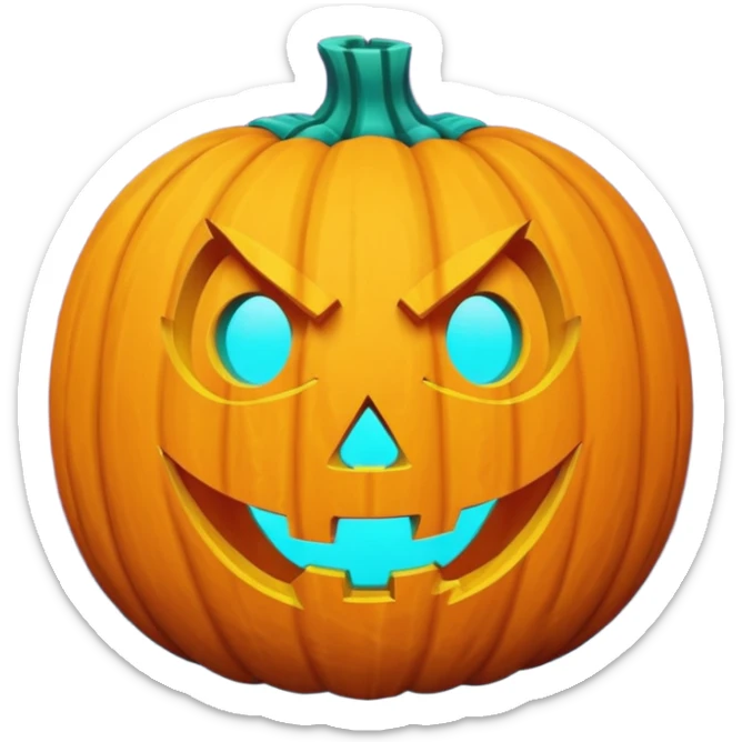 futuristic glowing jack-o-lantern emoji face, only purple and cyan carved glow, dark background sticker