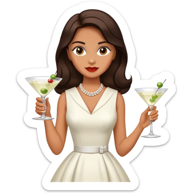 Beautiful woman in 1950’s woman fashion look, white dress, long dark brown hair, martini  sticker