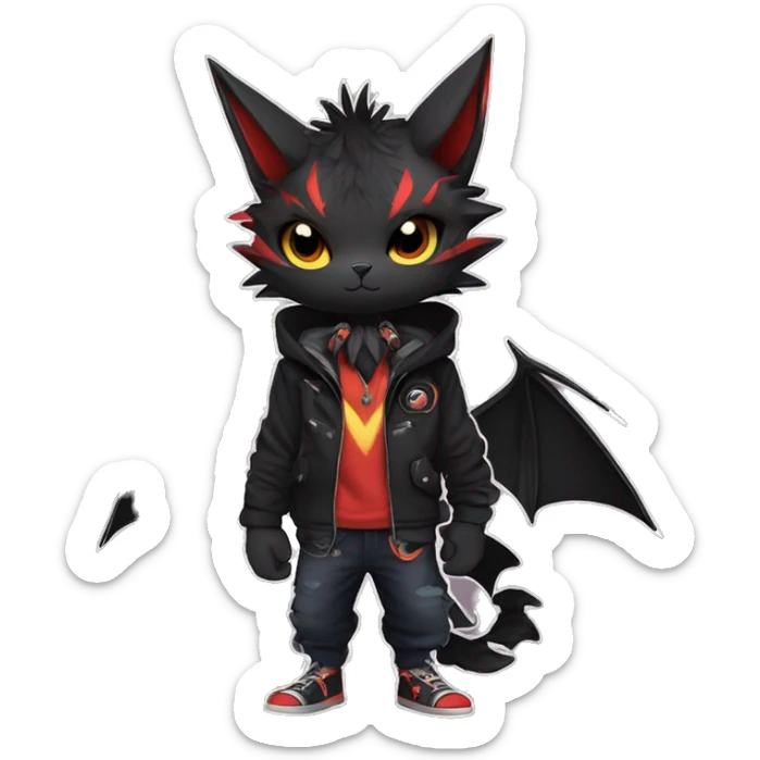 Cool Anthro Black Bat-Nargacuga-Litten-cat-Pokémon with edgy stripes hoodie spiked collar punk Full Body sticker
