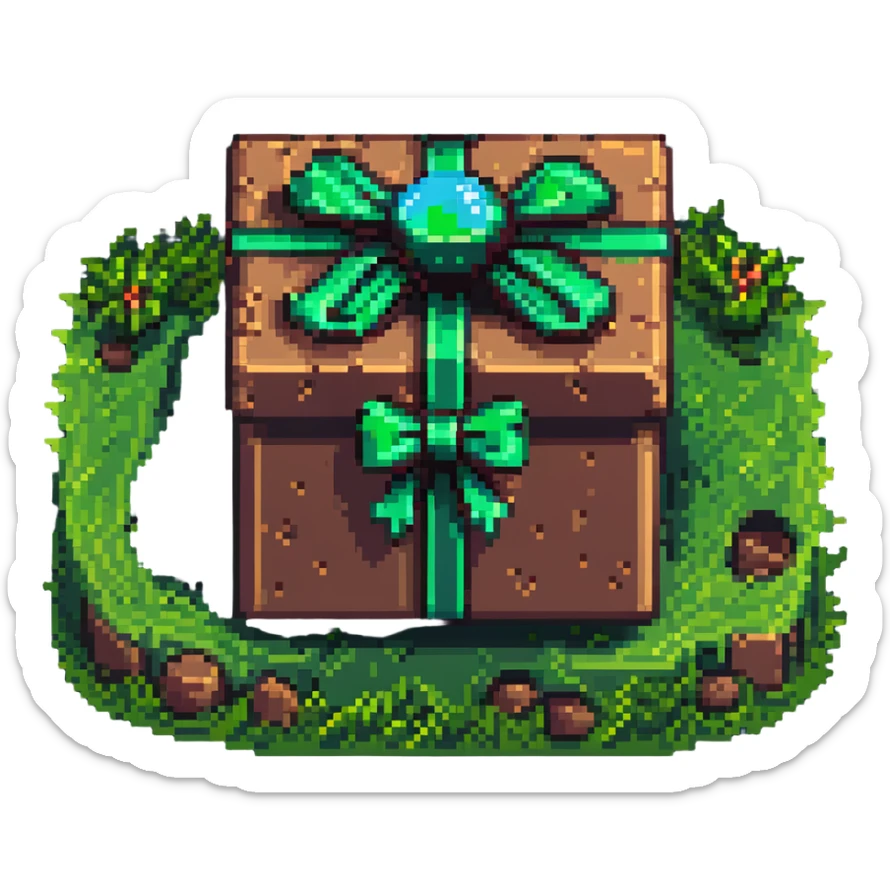 cinematic voxel gift box with earth-brown clay-flecked sides, neon-green grass top, glossy emerald ribbon with beveled edges, bow forming two symmetrical viewing scopes, floating mid-air, soft ambient light and deep shadows, dramatic violet background, pixel-art nostalgia and discovery sticker