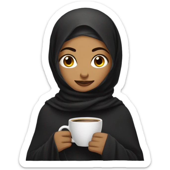 Indian woman with long black hijab with blanket with a cup of cofee sticker