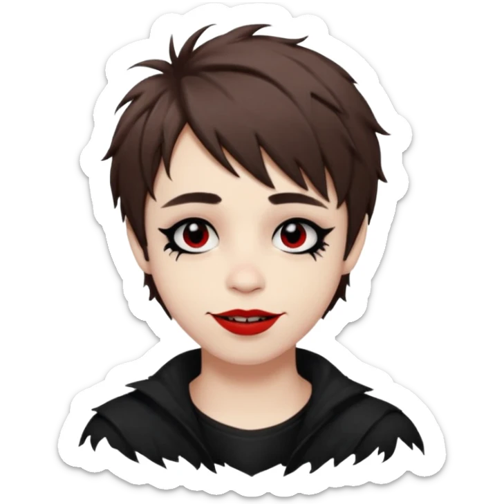 Happy pale Goth boy with shaggy brown hair, and messy black eyeliner , smudged, red, lipstick  sticker