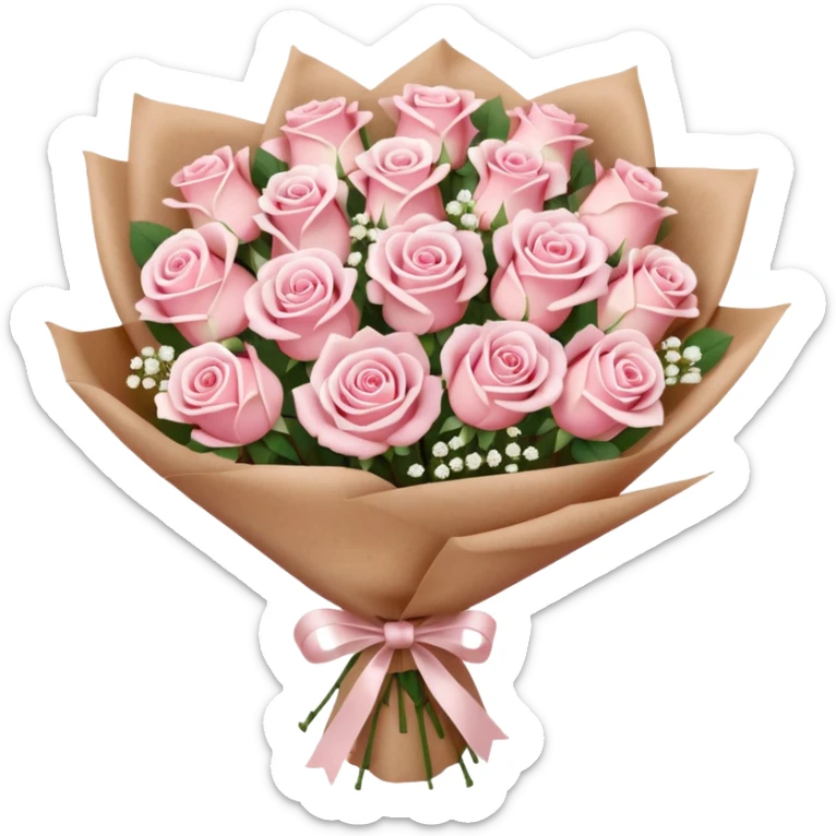 A brown paper-wrapped bouquet of pink and white fresh roses and baby’s breath sticker