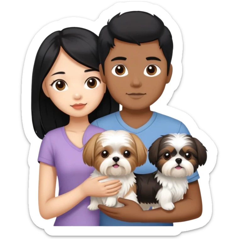 A beautiful Asian girl with long black hair is holding a small Yorkshire Terrier. She is standing next to her brown skinned boyfriend, who is holding a white Shih Tzu. They are each holding one dog each sticker