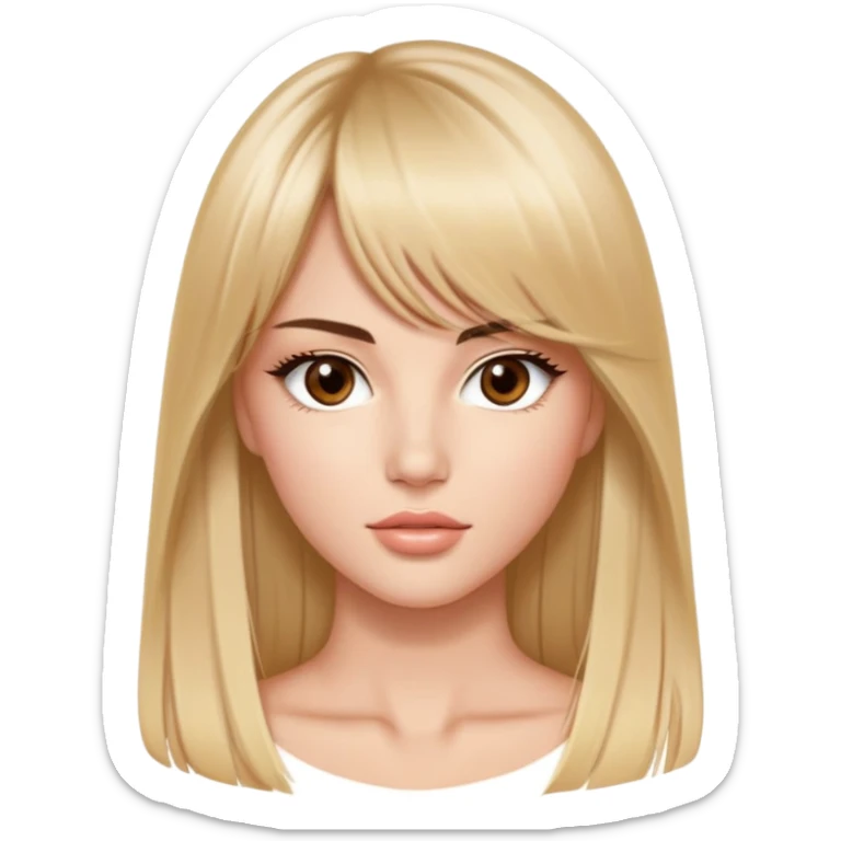 victoria’s secret model, long straight blonde hair parted in the middle with bangs, almond-shaped brown eyes, brown eyebrows, oval face sticker