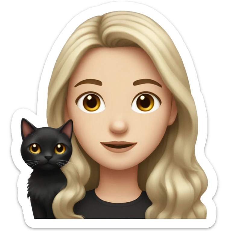 white girl with long brown hair and fluffy black cat sticker