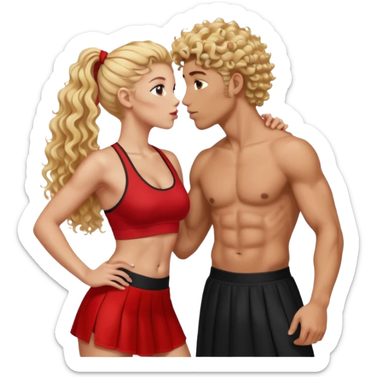athletic man, high top fade, blonde curly hair only top only, no shirt and Athletic girl with long light red wavy long hair and black sports, Put them together kissing, or holding hands give the girl red hair and a long skirt sticker