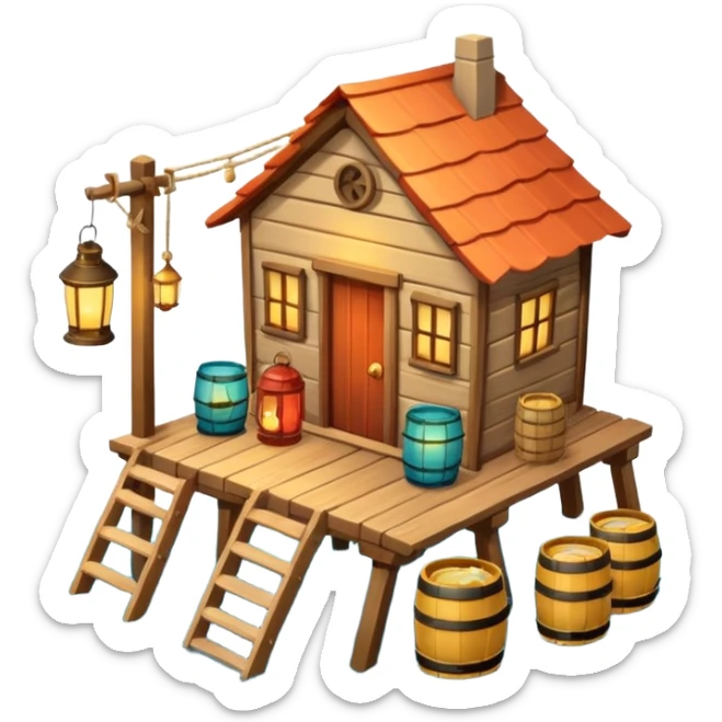 
fisherman house on a wooden pier, small dock, fishing nets hanging, barrels, lantern, ocean vibe, 3D cartoon, cute mobile game icon, clean background, no text
 sticker