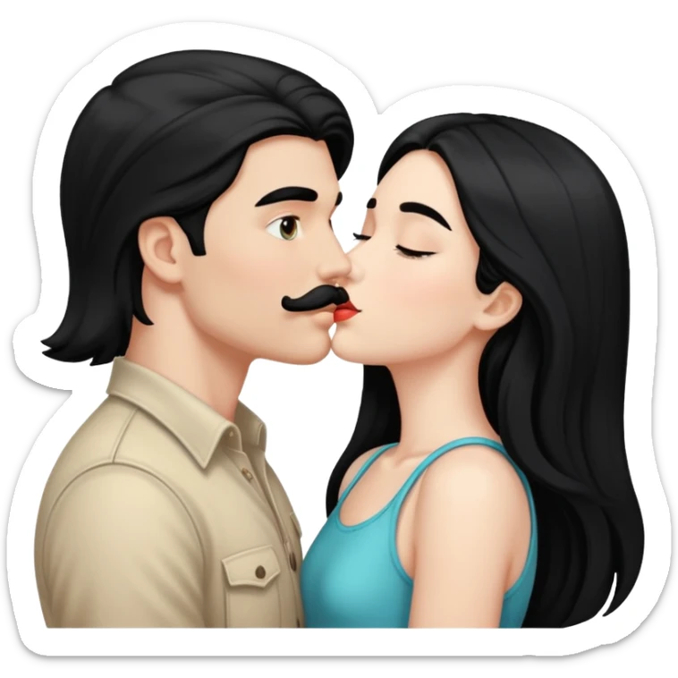 White boy with black mustache kissing white girl with long black hair sticker