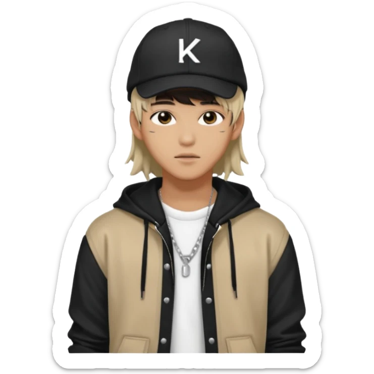 Portrait of a male K-pop idol, wearing a stylish streetwear outfit with layered clothing, long hair with bangs, makeup, wearing a black cap sticker