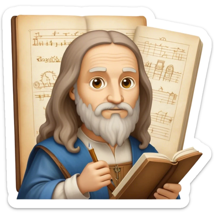 Cinematic Realistic Leonardo da Vinci Portrait Emoji, depicted as the quintessential Renaissance polymath with deep, thoughtful eyes, a flowing beard, and a quill or sketchbook in hand. The scene is illuminated with warm, classical lighting, evoking the atmosphere of a master artist’s workshop, surrounded by early sketches of inventions and masterpieces like the Mona Lisa. sticker