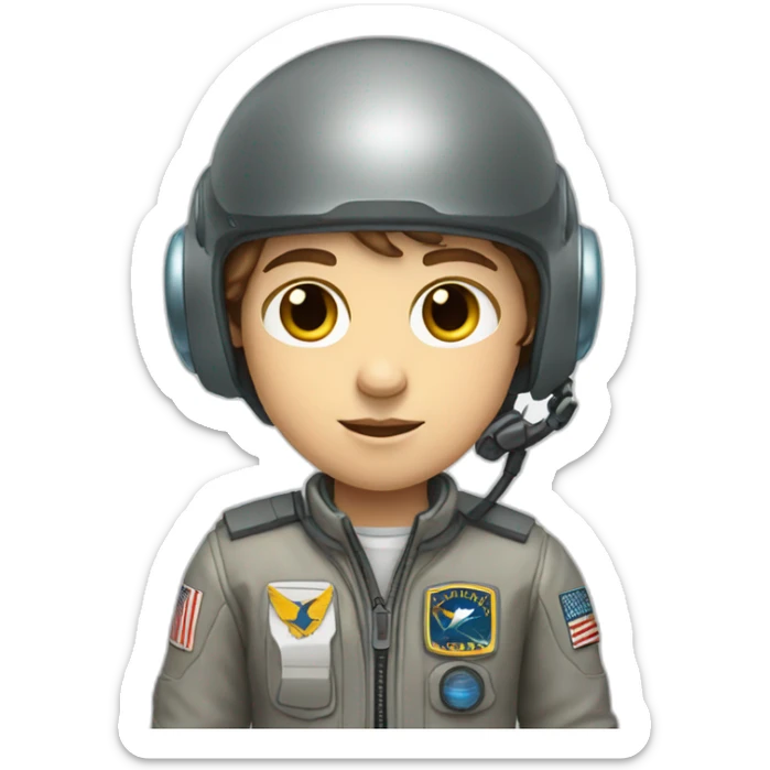 A white young boy with brown hair and a airplane pilot suit and a radio helmet sticker