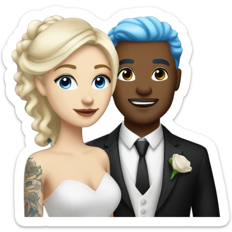 white blonde woman, blue eyes in a wedding dress with a lightskin tattooed man in a black tuxedo tie with hazel eyes sticker