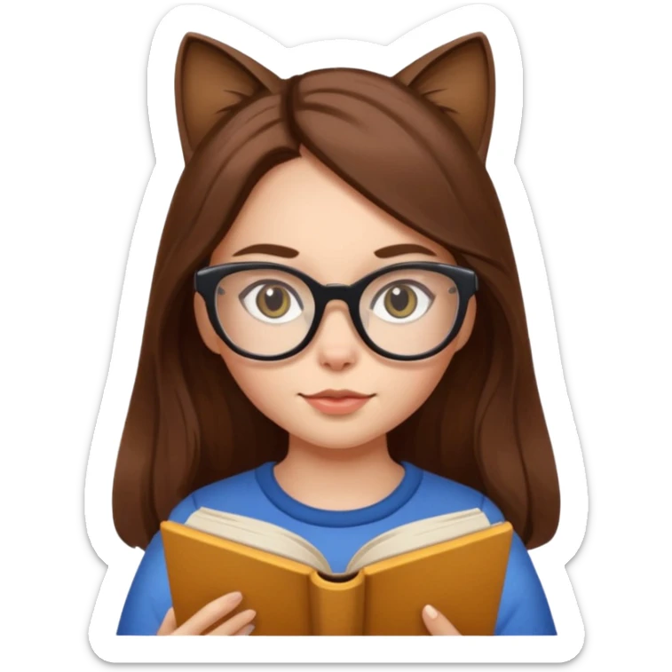 clean beautiful girl long brown hair, wear glasses cat eye, reading a book sticker