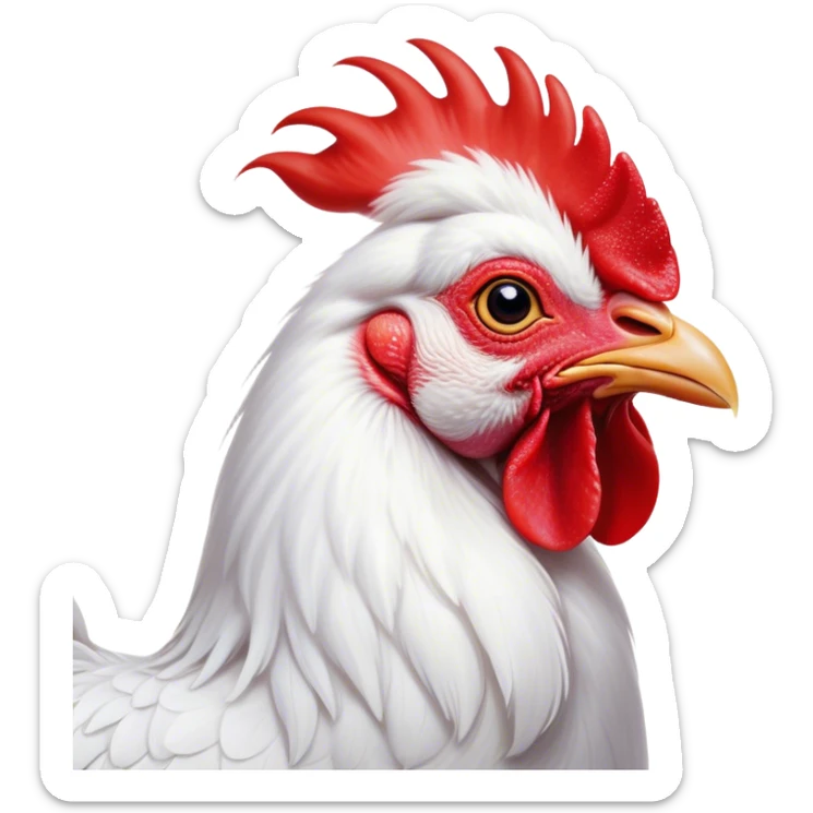 Cinematic Cute White Rooster Portrait Emoji, Head tilted playfully and inquisitively, featuring a glossy, immaculate white plumage with a vibrant red comb, round, sparkling eyes filled with curiosity, Simplified yet irresistibly adorable features, highly detailed, glowing with a warm, friendly glow, high shine, affectionate and spirited, stylized with a touch of farmyard whimsy, bright and endearing, soft glowing outline, capturing the essence of a mischievous yet loving rooster, so playful it feels like it could strut out of the screen and into your arms! sticker