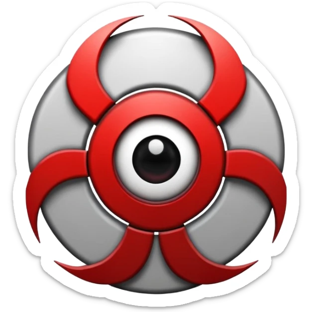 Minimalist emoji-style sticker of a fractured biohazard symbol with a small eye in the center. Stylized, geometric, no text.
 sticker