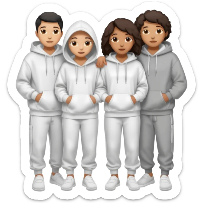four mixed race friends all wearing white oversized hoodies with the hoods up, white sweatpants, and white slides huddled together hugging sticker