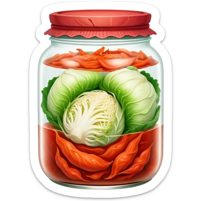 Kimchi Cinematic Realistic Kimchi Dish Emoji, depicted as spicy, fermented cabbage with vibrant red hues neatly served in a traditional jar, rendered with dynamic textures and bold, appetizing lighting. sticker