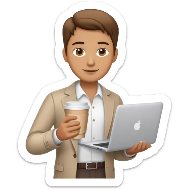 business owner confidently, holding a closed laptop in one hand and a takeaway coffee cup in the other. The character wears casual-smart clothes. sticker