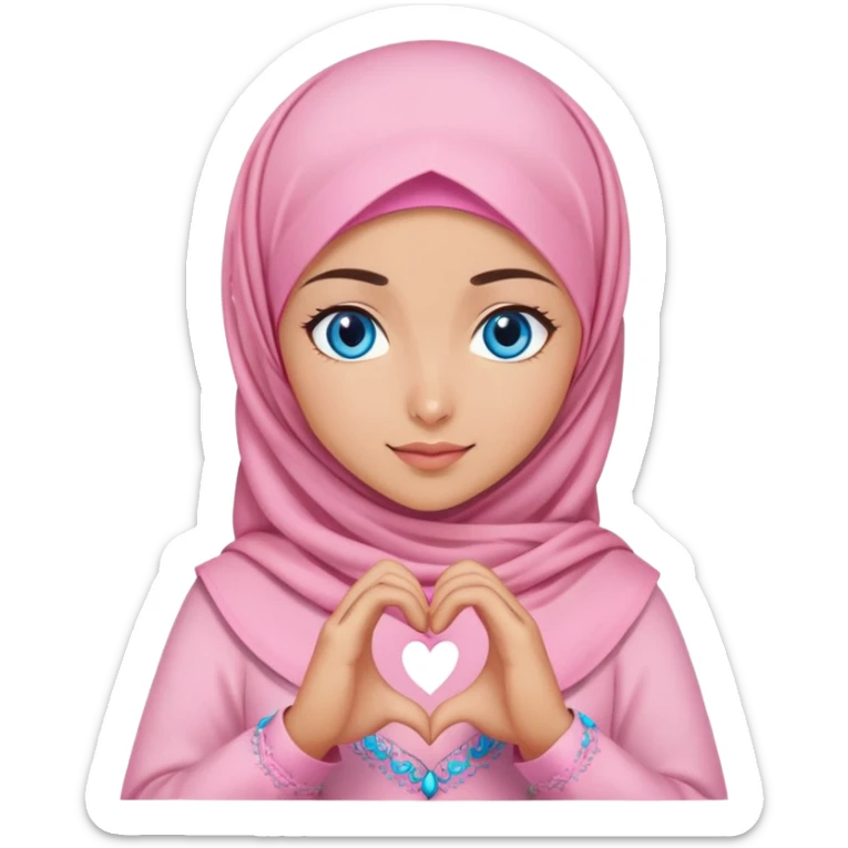 Turkish beautiful finish Konya girl blue eyes with pink hijab islamic dress and making heart with hands  sticker