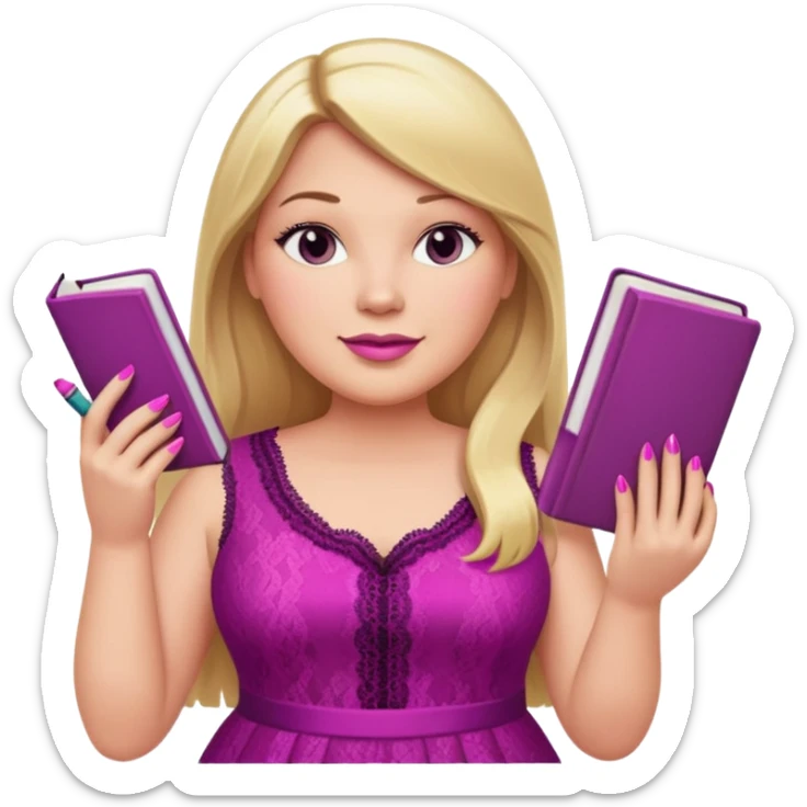 A plus-size white woman with long, straight blonde hair is wearing a magenta lace sleeveless dress. She is standing with magenta nail polish and holding a book and a crayon.. sticker