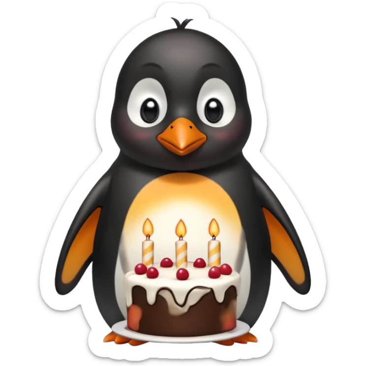 A penguin standing near a cake, feeling shy from a surprise celebration, portrait, bust up sticker