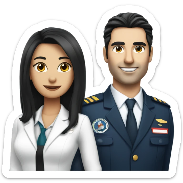 Flight attendant with long black hair and white skin with a pilot man with black hair sticker