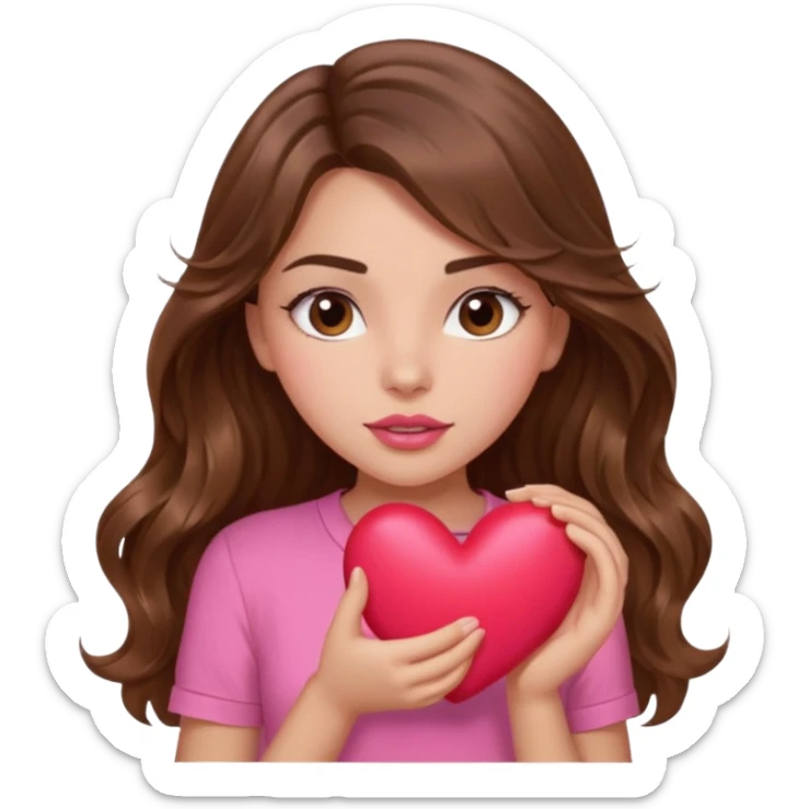 girl with long wavy brown hair, brown eyes, light to medium complexion, in a pink shirt, pink lips, long lashes, squeezing a big heart sticker